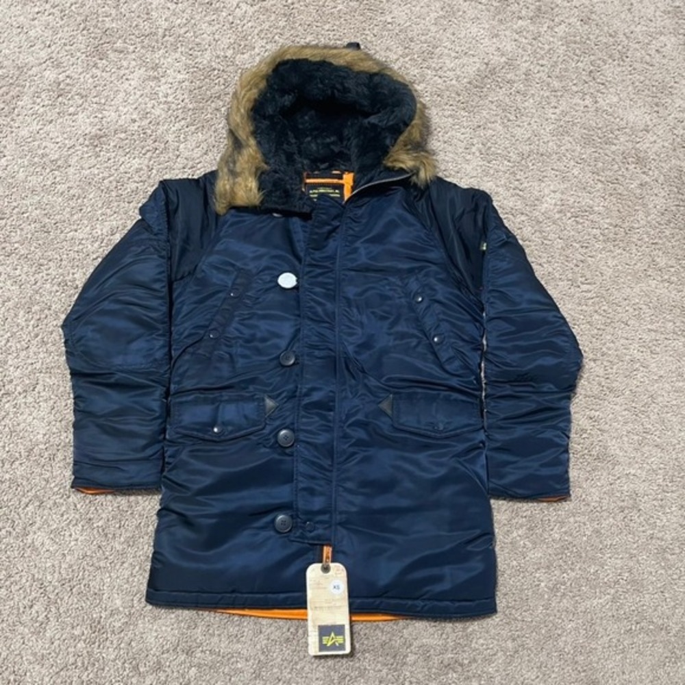 Alpha Industries Jacket Women XS Navy Blue Parka N-3B Cold Weather Faux Fur Hood